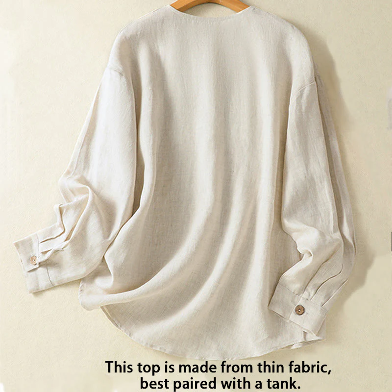 Camicia da donna in cotone e lino con scollo a V, maniche lunghe, motivo Buddha Stones Spring, bottoni semplici - Image 2