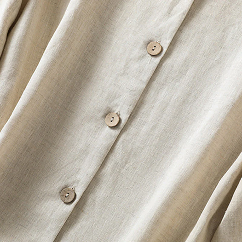 Camicia da donna in cotone e lino con scollo a V, maniche lunghe, motivo Buddha Stones Spring, bottoni semplici - Image 6