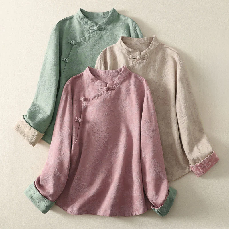 Camicia da donna in cotone e lino con bottoni, manica lunga, in jacquard con bottoni diagonali Buddha Stones