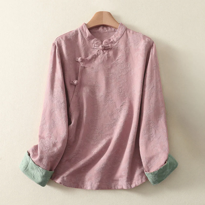 Camicia da donna in cotone e lino con bottoni, manica lunga, in jacquard con bottoni diagonali Buddha Stones - Image 12