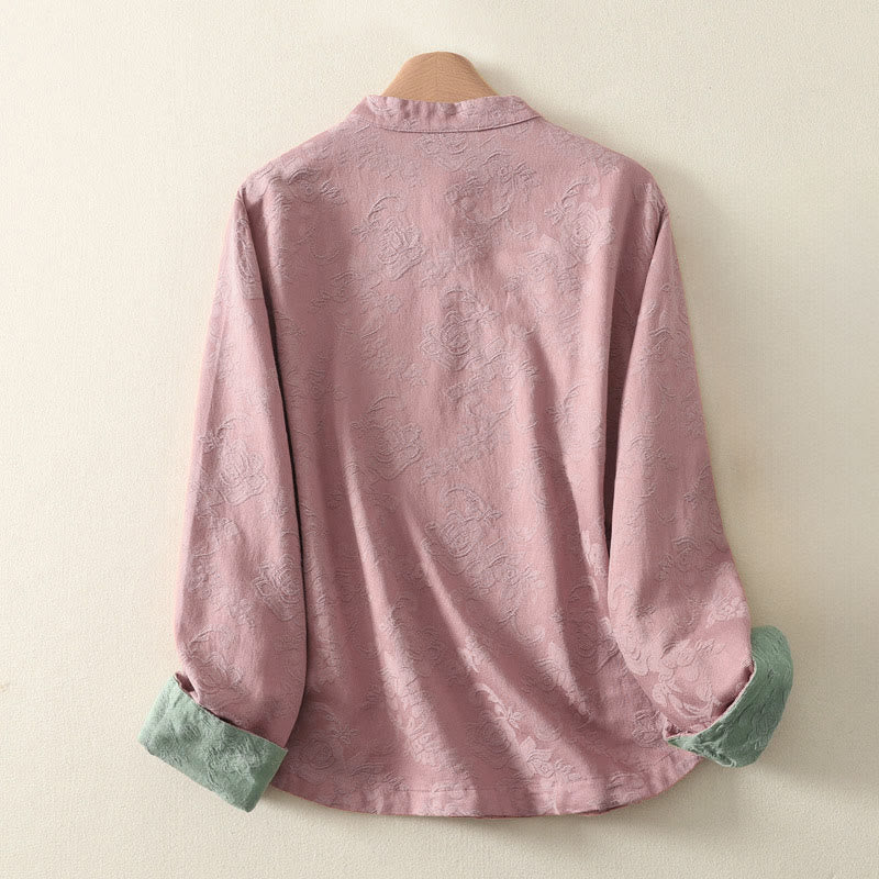 Camicia da donna in cotone e lino con bottoni, manica lunga, in jacquard con bottoni diagonali Buddha Stones - Image 13