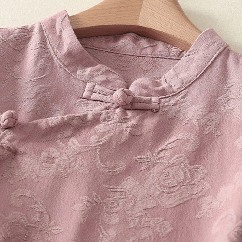 Camicia da donna in cotone e lino con bottoni, manica lunga, in jacquard con bottoni diagonali Buddha Stones - Image 14