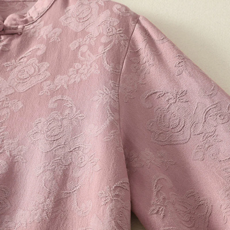 Camicia da donna in cotone e lino con bottoni, manica lunga, in jacquard con bottoni diagonali Buddha Stones - Image 16