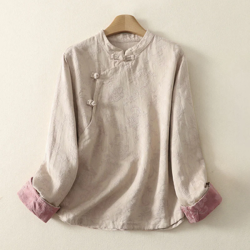 Camicia da donna in cotone e lino con bottoni, manica lunga, in jacquard con bottoni diagonali Buddha Stones - Image 2