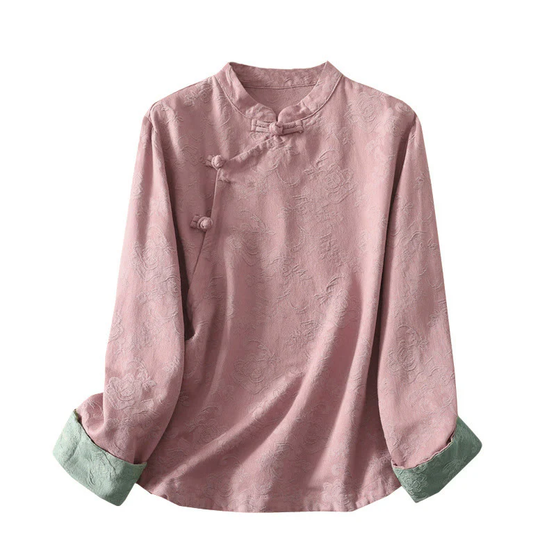 Camicia da donna in cotone e lino con bottoni, manica lunga, in jacquard con bottoni diagonali Buddha Stones - Image 21