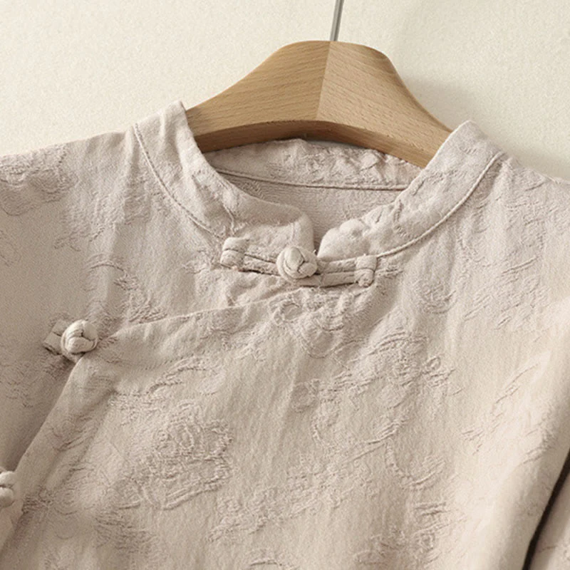 Camicia da donna in cotone e lino con bottoni, manica lunga, in jacquard con bottoni diagonali Buddha Stones - Image 3