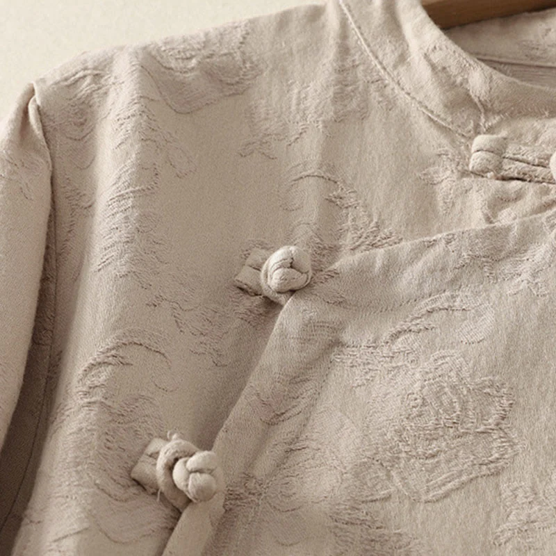 Camicia da donna in cotone e lino con bottoni, manica lunga, in jacquard con bottoni diagonali Buddha Stones - Image 4