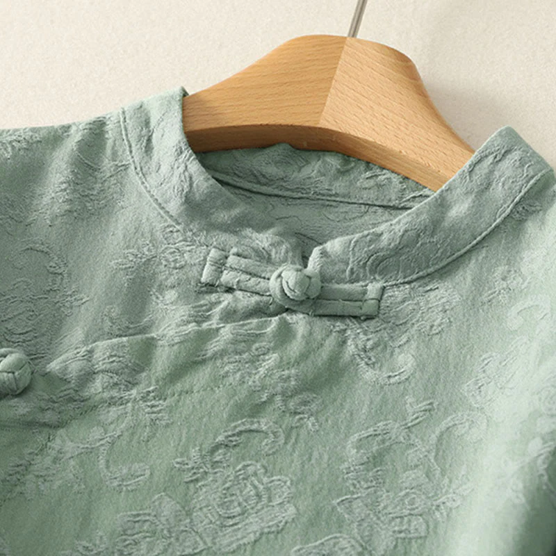 Camicia da donna in cotone e lino con bottoni, manica lunga, in jacquard con bottoni diagonali Buddha Stones - Image 8