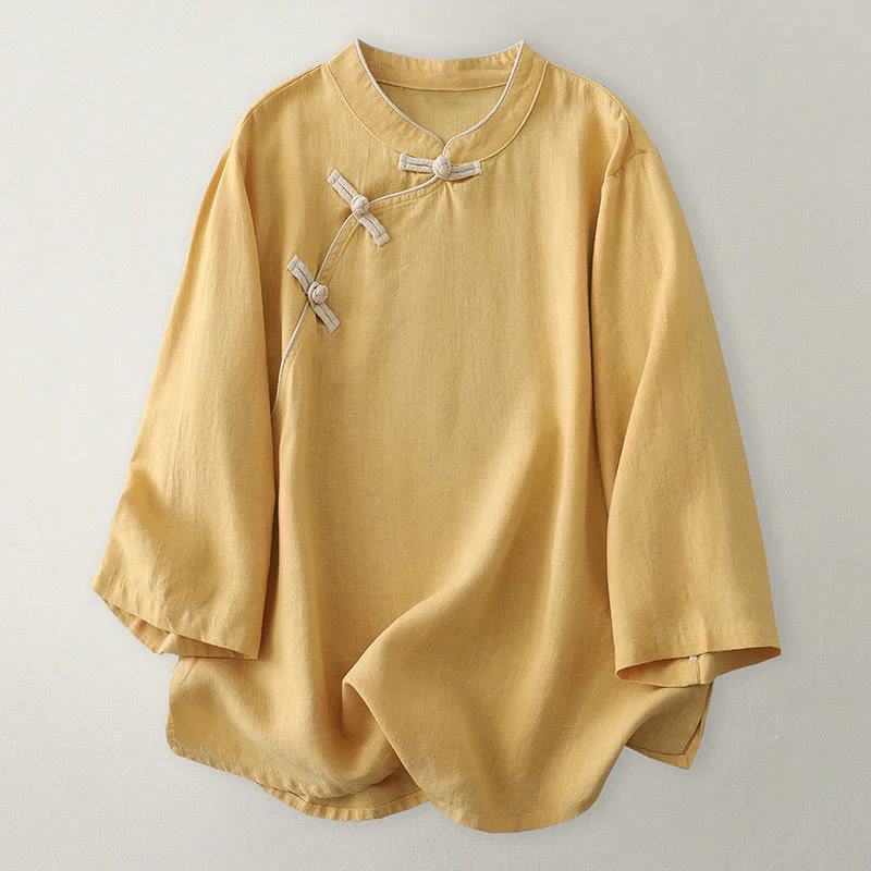 Camicia da donna in cotone e lino con bottoni obliqui Buddha Stones