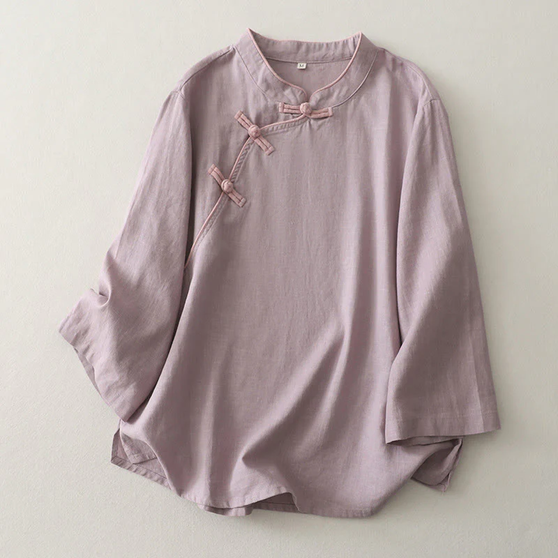 Camicia da donna in cotone e lino con bottoni obliqui Buddha Stones - Image 3
