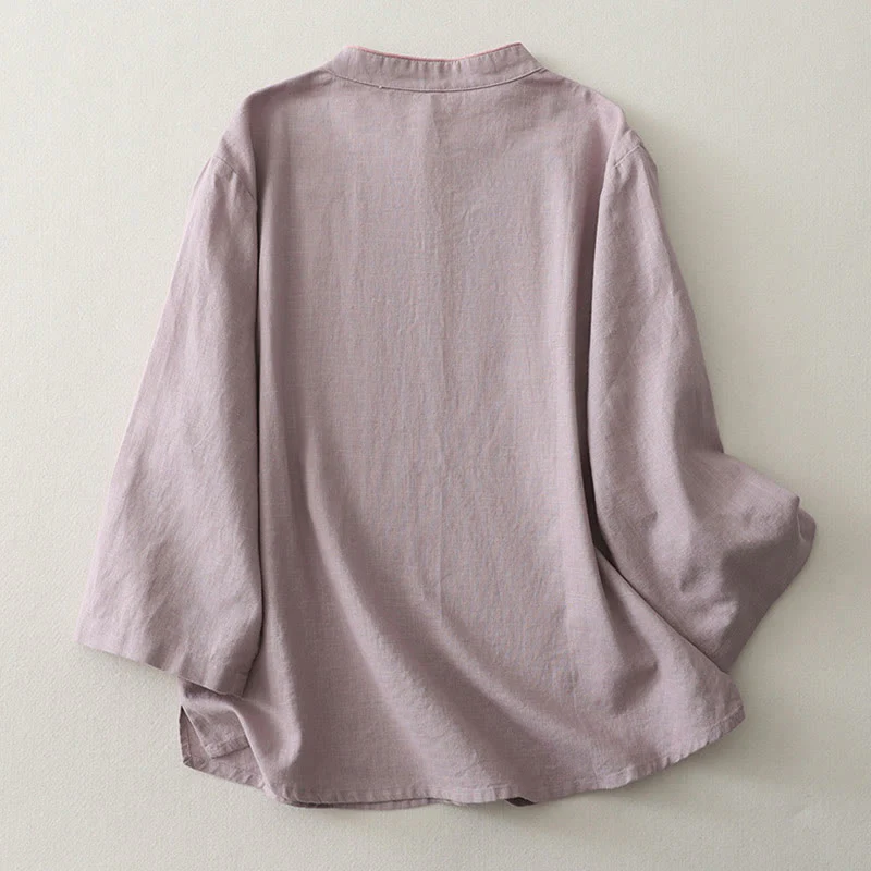 Camicia da donna in cotone e lino con bottoni obliqui Buddha Stones - Image 4