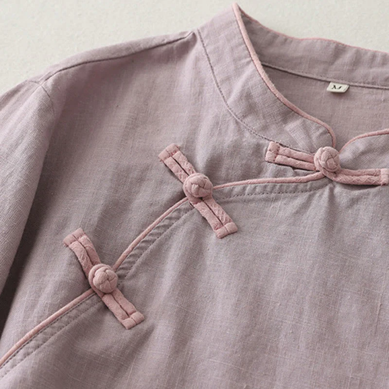Camicia da donna in cotone e lino con bottoni obliqui Buddha Stones - Image 7