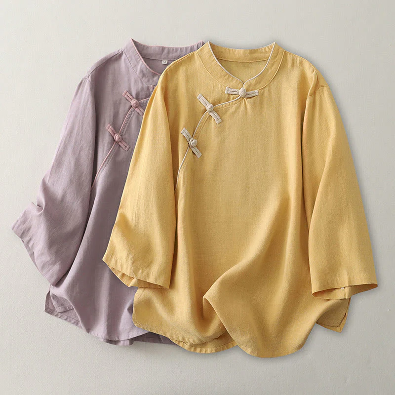 Camicia da donna in cotone e lino con bottoni obliqui Buddha Stones - Image 8