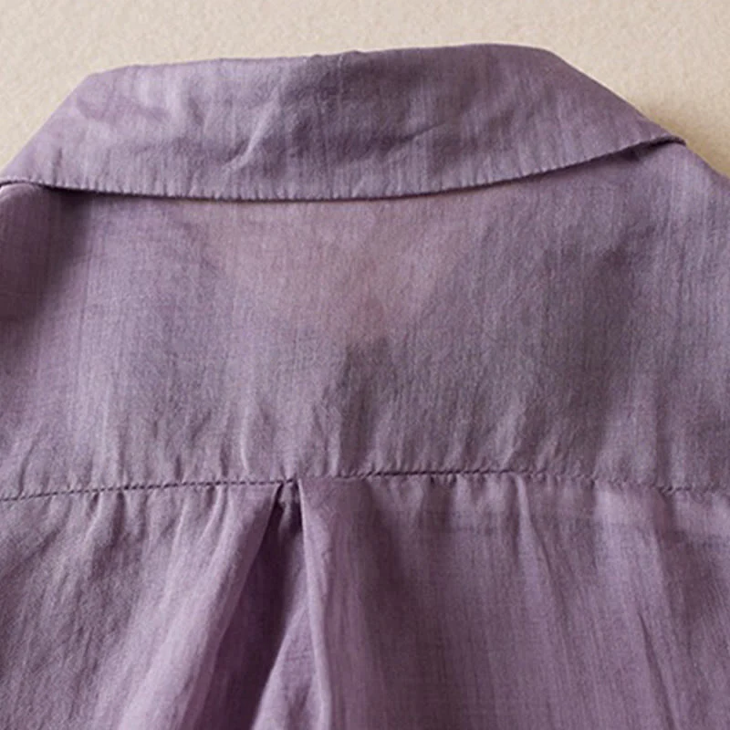 Camicia da donna in cotone e lino, modello Buddha Stones, retro, tinta unita, finto due pezzi, bottoni, mezza manica - Image 5