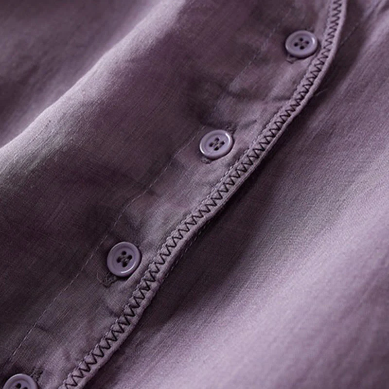 Camicia da donna in cotone e lino, modello Buddha Stones, retro, tinta unita, finto due pezzi, bottoni, mezza manica - Image 7