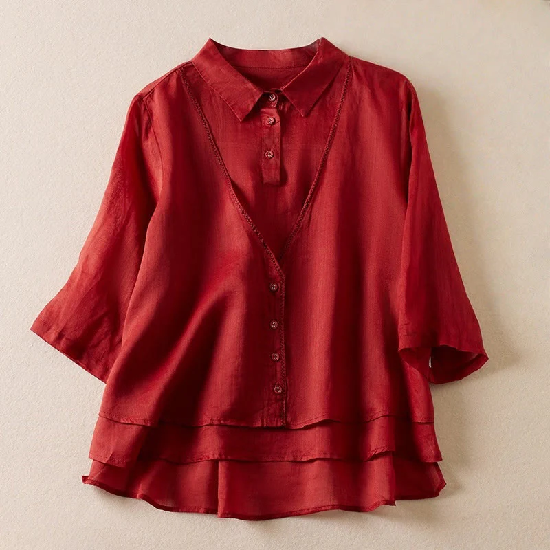 Camicia da donna in cotone e lino, modello Buddha Stones, retro, tinta unita, finto due pezzi, bottoni, mezza manica - Image 9
