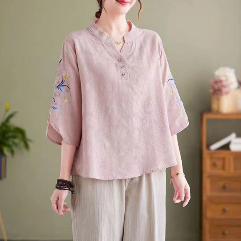 Camicia da donna in cotone e lino con colletto a punta, manica a tre quarti, ricamo estivo con Buddha Stones e fiori