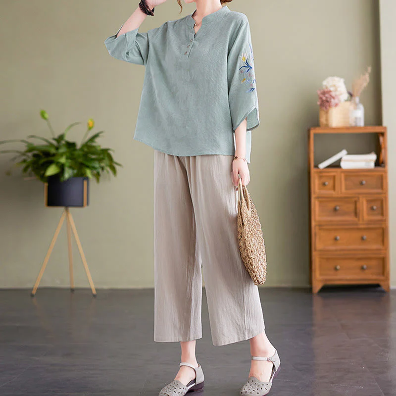 Camicia da donna in cotone e lino con colletto a punta, manica a tre quarti, ricamo estivo con Buddha Stones e fiori - Image 10