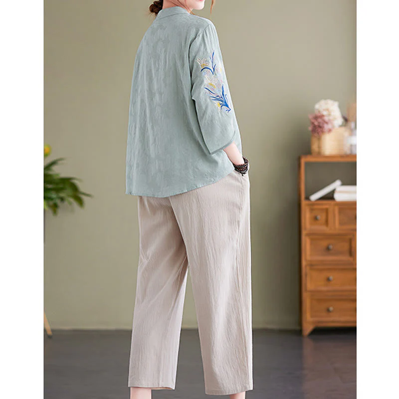 Camicia da donna in cotone e lino con colletto a punta, manica a tre quarti, ricamo estivo con Buddha Stones e fiori - Image 11