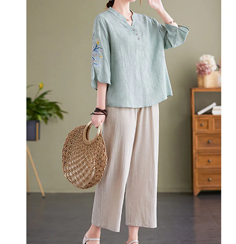 Camicia da donna in cotone e lino con colletto a punta, manica a tre quarti, ricamo estivo con Buddha Stones e fiori - Image 12