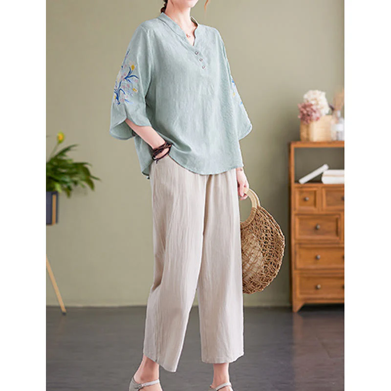 Camicia da donna in cotone e lino con colletto a punta, manica a tre quarti, ricamo estivo con Buddha Stones e fiori - Image 13