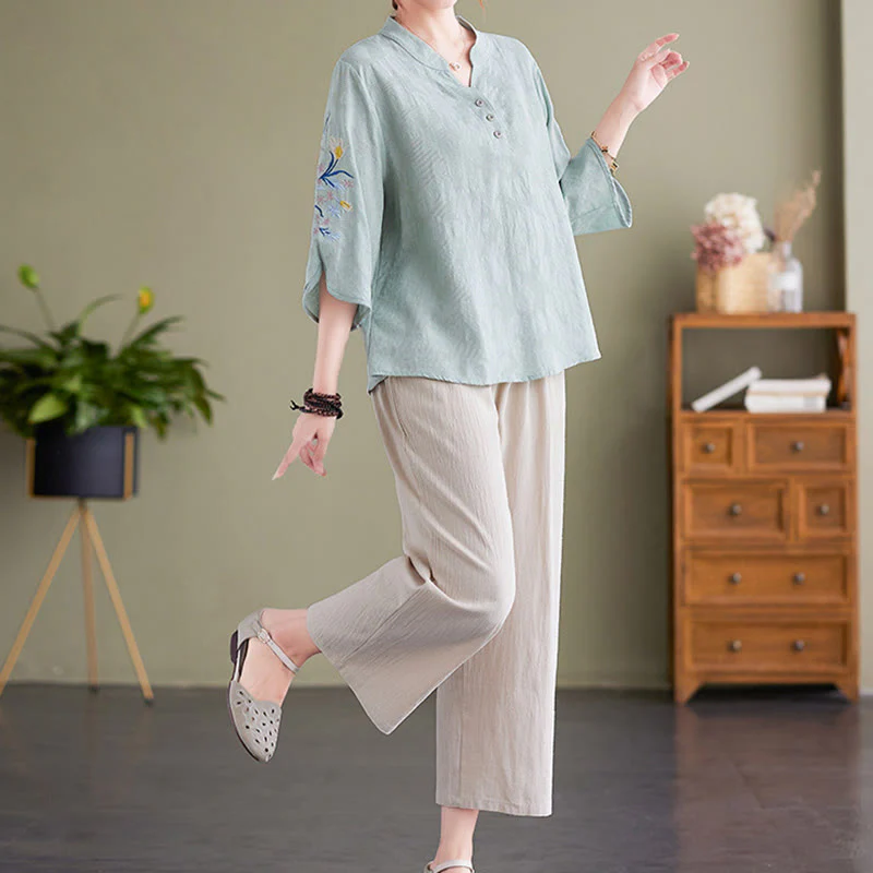 Camicia da donna in cotone e lino con colletto a punta, manica a tre quarti, ricamo estivo con Buddha Stones e fiori - Image 14