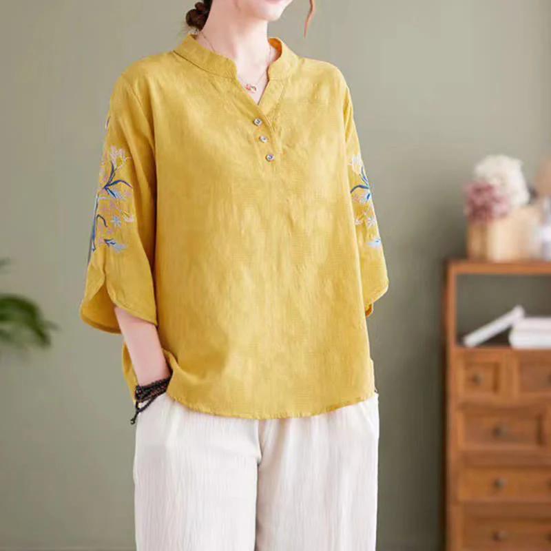 Camicia da donna in cotone e lino con colletto a punta, manica a tre quarti, ricamo estivo con Buddha Stones e fiori - Image 15