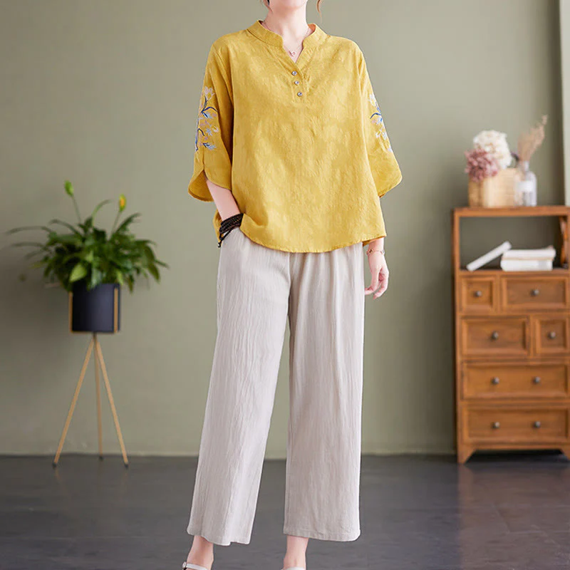 Camicia da donna in cotone e lino con colletto a punta, manica a tre quarti, ricamo estivo con Buddha Stones e fiori - Image 16