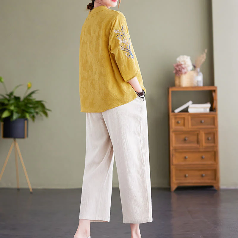 Camicia da donna in cotone e lino con colletto a punta, manica a tre quarti, ricamo estivo con Buddha Stones e fiori - Image 17
