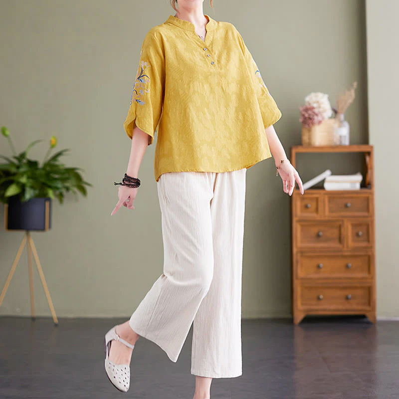Camicia da donna in cotone e lino con colletto a punta, manica a tre quarti, ricamo estivo con Buddha Stones e fiori - Image 18