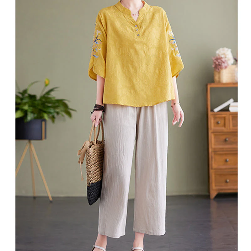 Camicia da donna in cotone e lino con colletto a punta, manica a tre quarti, ricamo estivo con Buddha Stones e fiori - Image 19