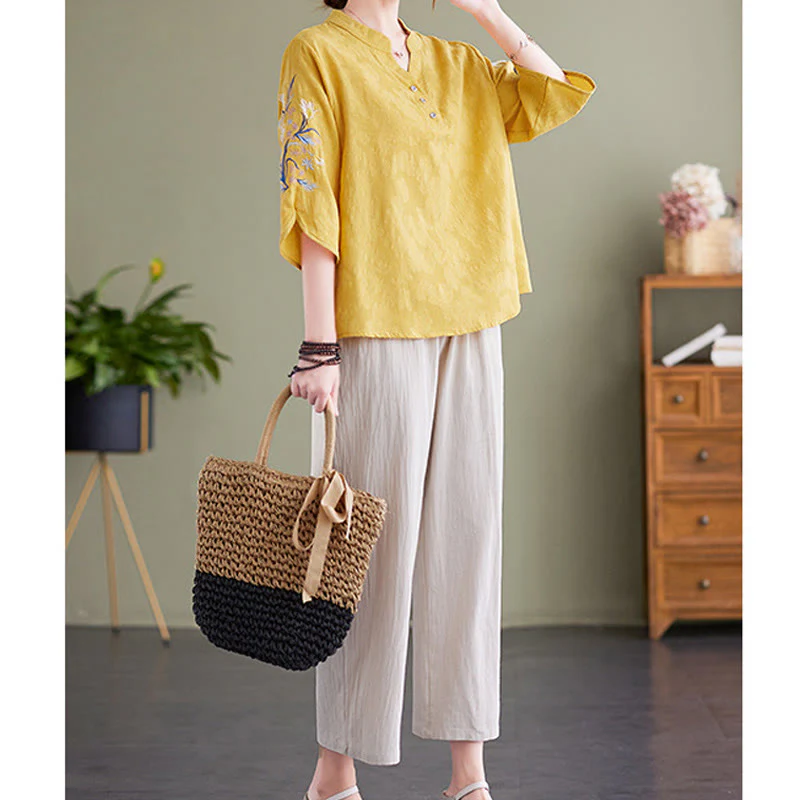 Camicia da donna in cotone e lino con colletto a punta, manica a tre quarti, ricamo estivo con Buddha Stones e fiori - Image 20