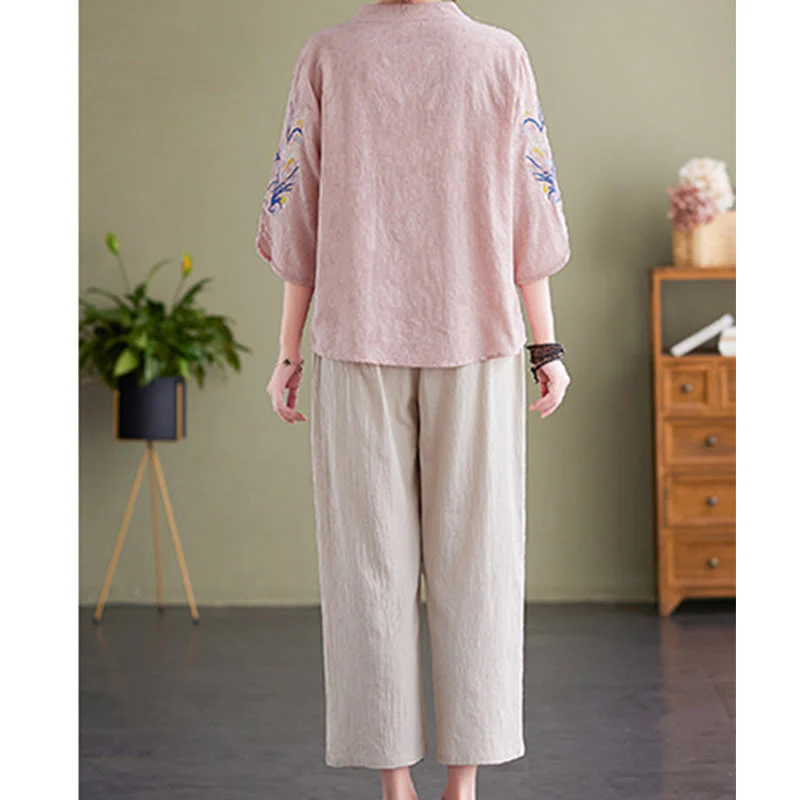 Camicia da donna in cotone e lino con colletto a punta, manica a tre quarti, ricamo estivo con Buddha Stones e fiori - Image 3
