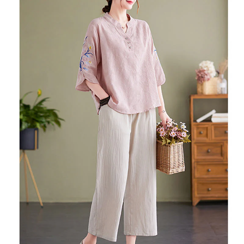Camicia da donna in cotone e lino con colletto a punta, manica a tre quarti, ricamo estivo con Buddha Stones e fiori - Image 4