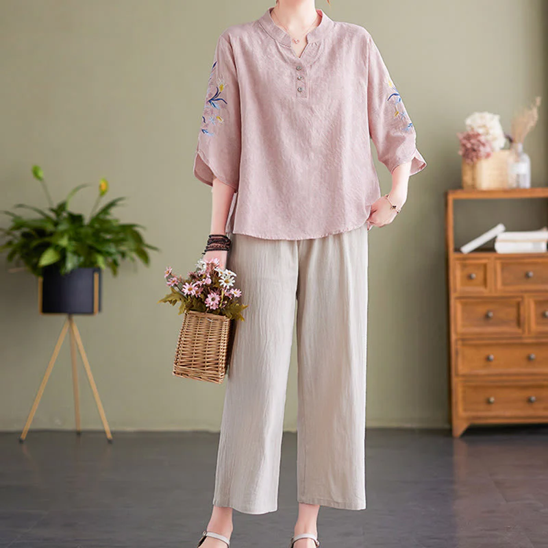 Camicia da donna in cotone e lino con colletto a punta, manica a tre quarti, ricamo estivo con Buddha Stones e fiori - Image 5