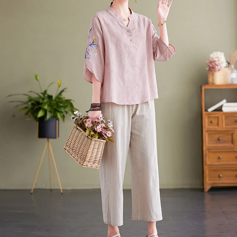 Camicia da donna in cotone e lino con colletto a punta, manica a tre quarti, ricamo estivo con Buddha Stones e fiori - Image 6