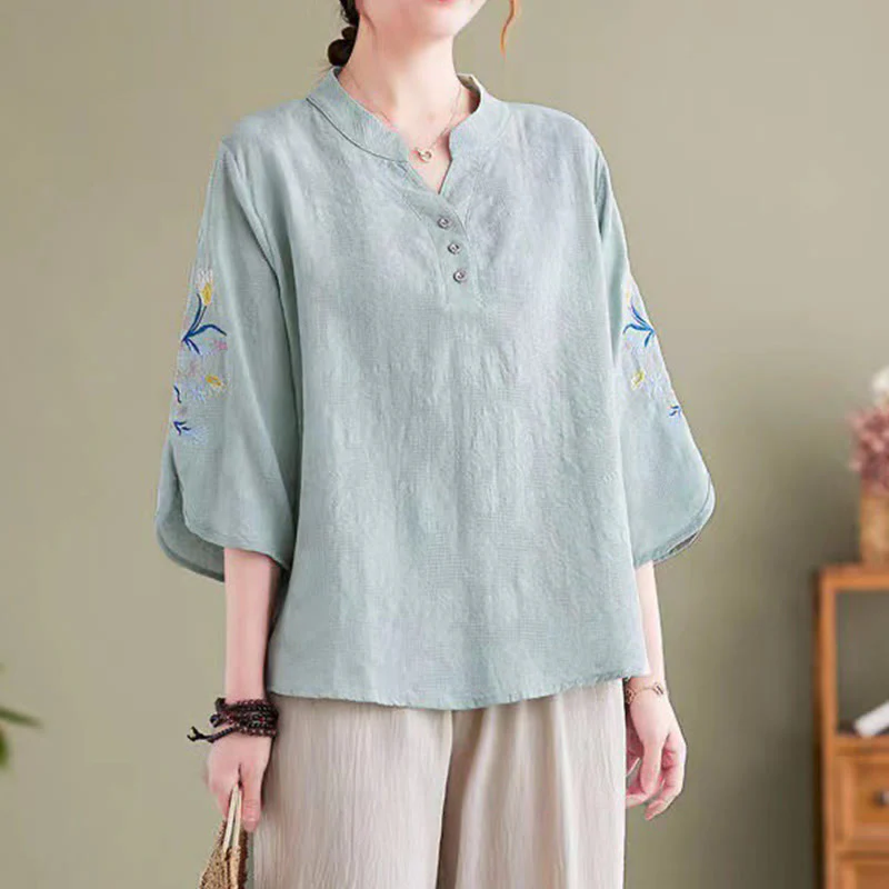 Camicia da donna in cotone e lino con colletto a punta, manica a tre quarti, ricamo estivo con Buddha Stones e fiori - Image 7