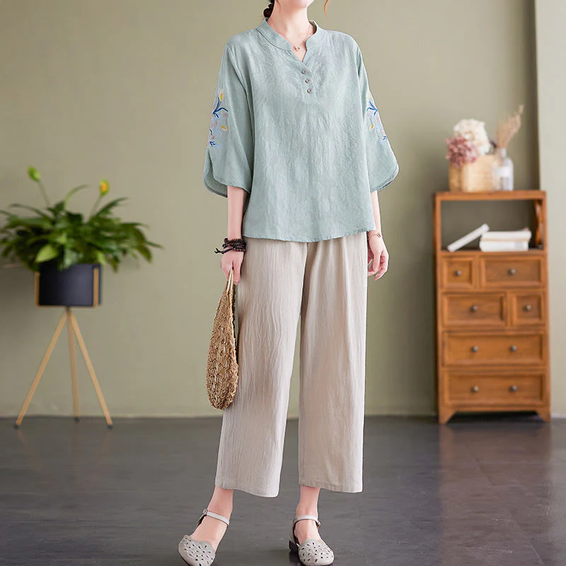 Camicia da donna in cotone e lino con colletto a punta, manica a tre quarti, ricamo estivo con Buddha Stones e fiori - Image 9