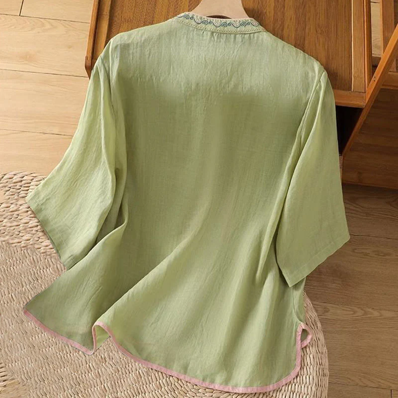 Camicia da donna in cotone e lino con colletto alto, bottoni a rana, stile etnico casual, con ricamo a fiori e Buddha Stones - Image 2