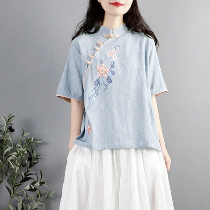 Camicia da donna in cotone e lino con collo alla coreana, bottoni a rana, manica corta, ricamo floreale estivo Buddha Stones