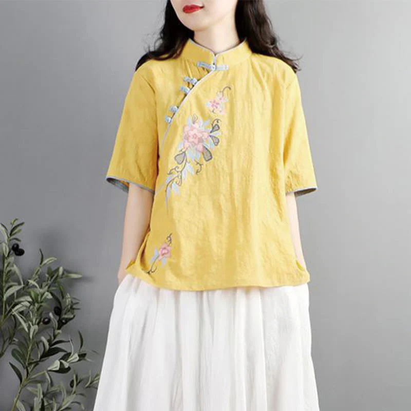 Camicia da donna in cotone e lino con collo alla coreana, bottoni a rana, manica corta, ricamo floreale estivo Buddha Stones - Image 11