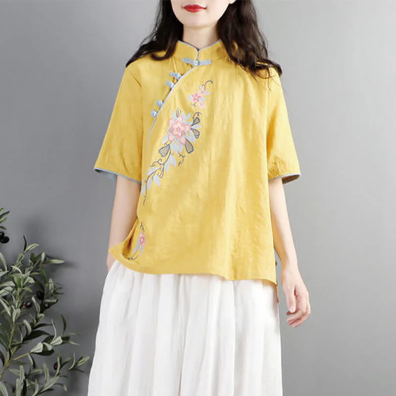 Camicia da donna in cotone e lino con collo alla coreana, bottoni a rana, manica corta, ricamo floreale estivo Buddha Stones - Image 12