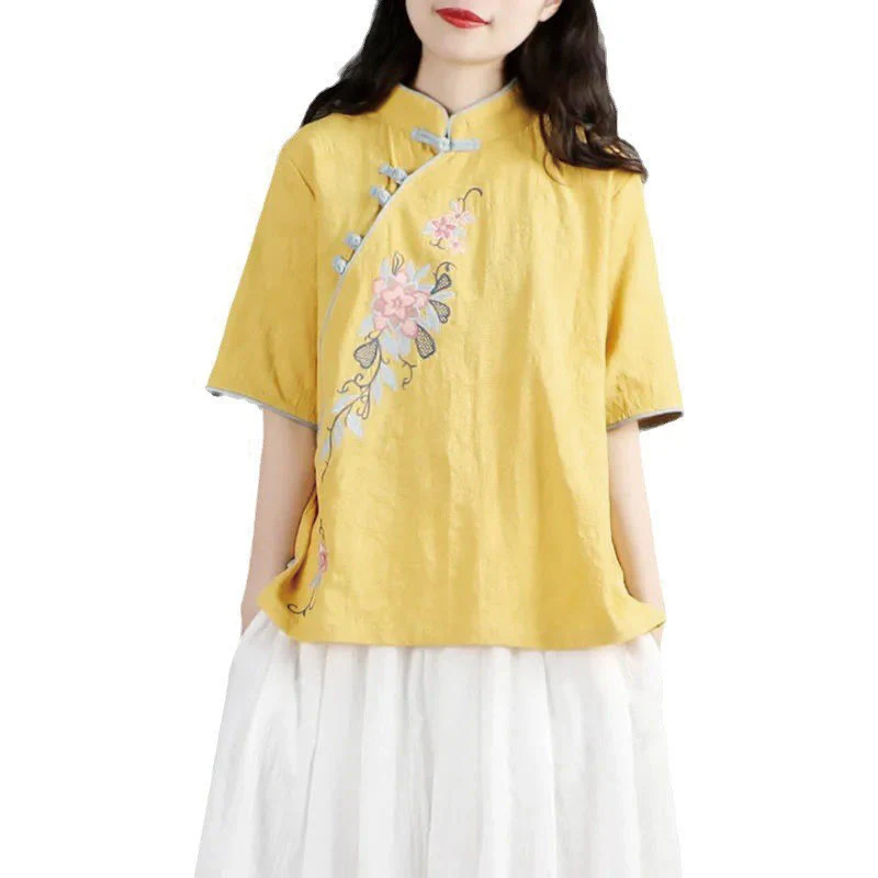 Camicia da donna in cotone e lino con collo alla coreana, bottoni a rana, manica corta, ricamo floreale estivo Buddha Stones - Image 13