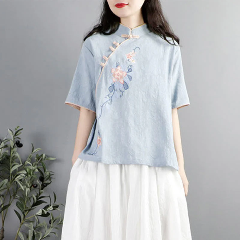 Camicia da donna in cotone e lino con collo alla coreana, bottoni a rana, manica corta, ricamo floreale estivo Buddha Stones - Image 2