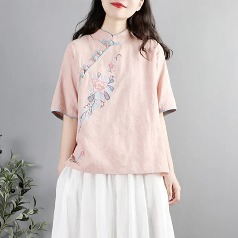 Camicia da donna in cotone e lino con collo alla coreana, bottoni a rana, manica corta, ricamo floreale estivo Buddha Stones - Image 4