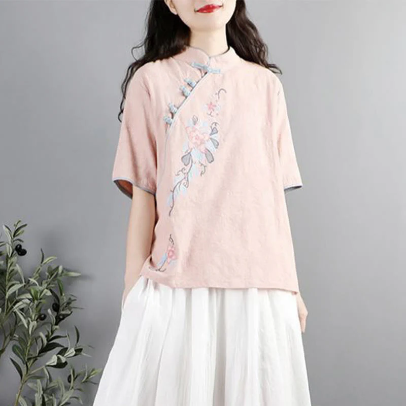 Camicia da donna in cotone e lino con collo alla coreana, bottoni a rana, manica corta, ricamo floreale estivo Buddha Stones - Image 5