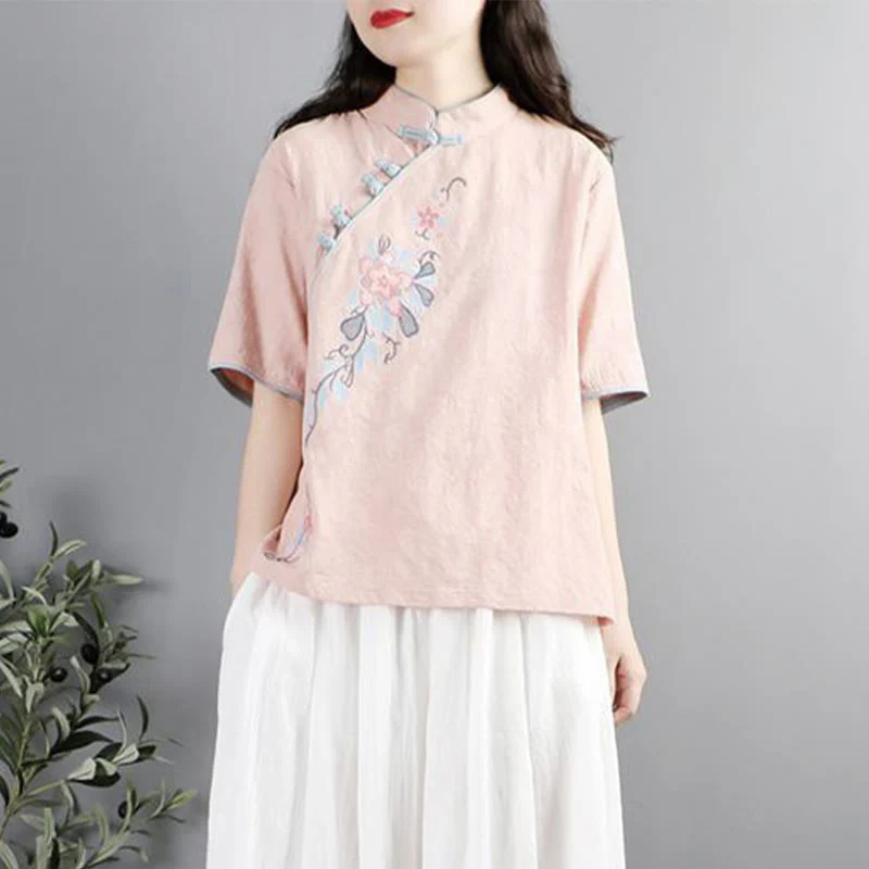 Camicia da donna in cotone e lino con collo alla coreana, bottoni a rana, manica corta, ricamo floreale estivo Buddha Stones - Image 6
