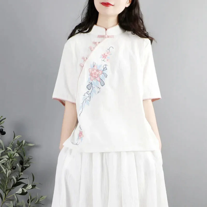 Camicia da donna in cotone e lino con collo alla coreana, bottoni a rana, manica corta, ricamo floreale estivo Buddha Stones - Image 7