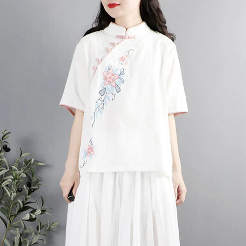 Camicia da donna in cotone e lino con collo alla coreana, bottoni a rana, manica corta, ricamo floreale estivo Buddha Stones - Image 8