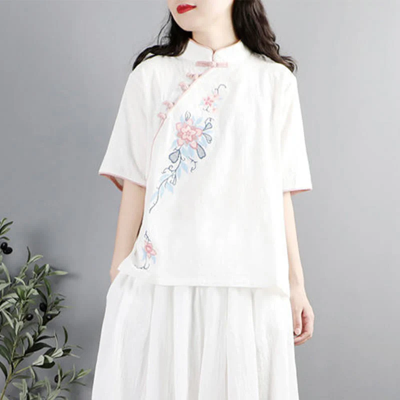Camicia da donna in cotone e lino con collo alla coreana, bottoni a rana, manica corta, ricamo floreale estivo Buddha Stones - Image 9